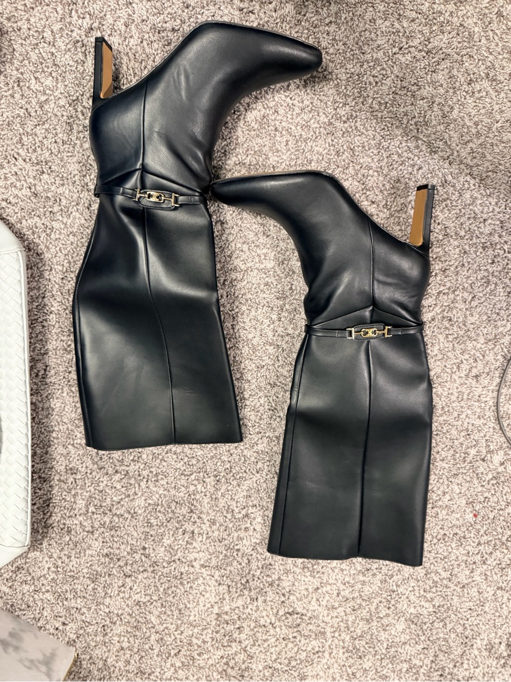 Mi.iM Black Leather Mid-Calf Heeled Boots with Gold Buckle